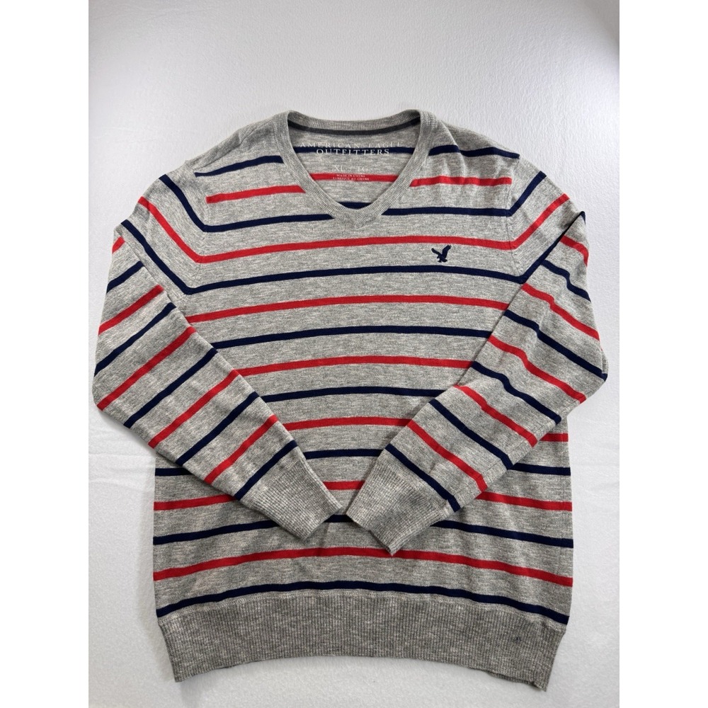 American Eagle Mens Red Blue Heather Gray Cotton Striped V Neck Sweater XL EUC